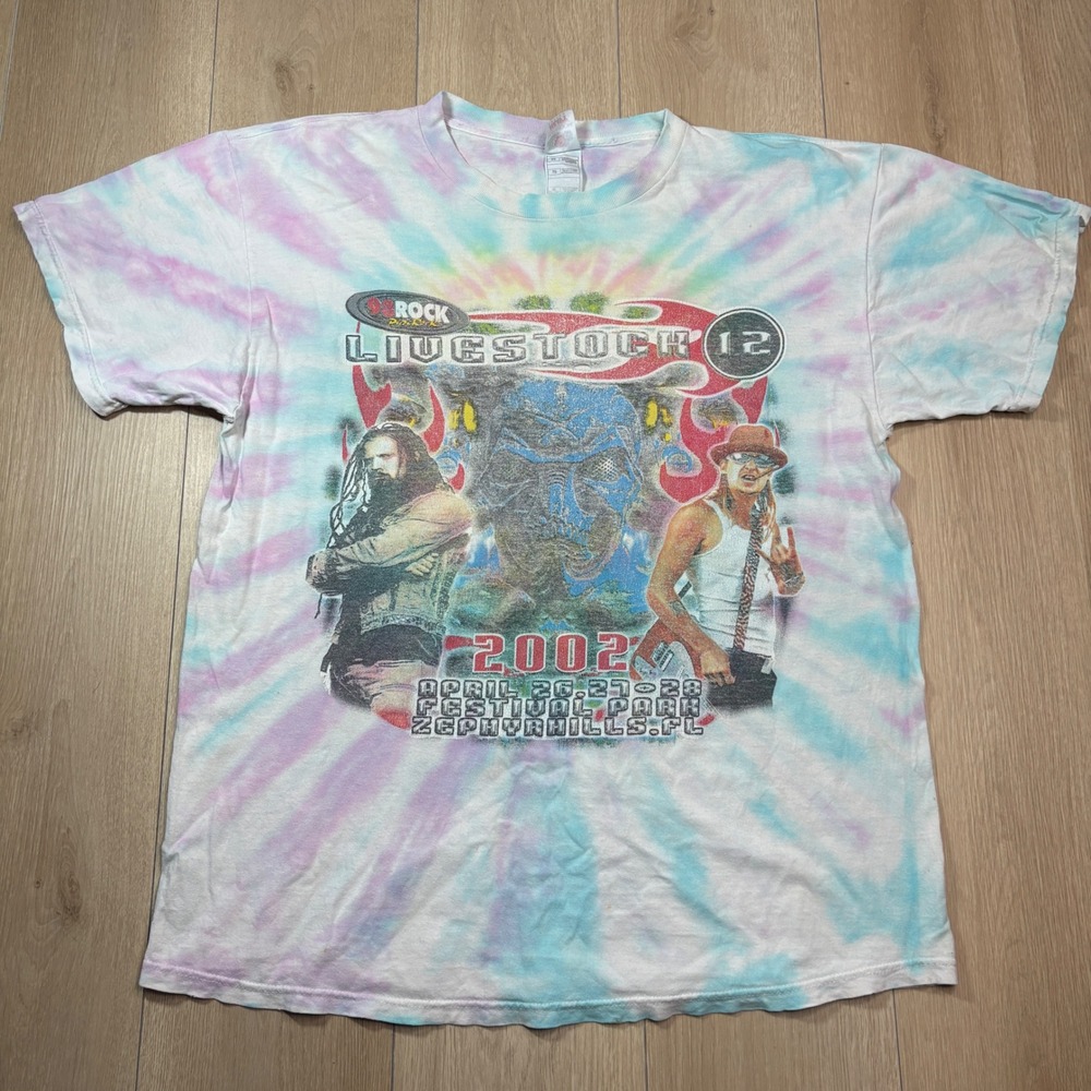 Vintage 2002 Livestock 12 Festival Tie Dye Shirt STP Zombie Kid Rock XL 98 Rock